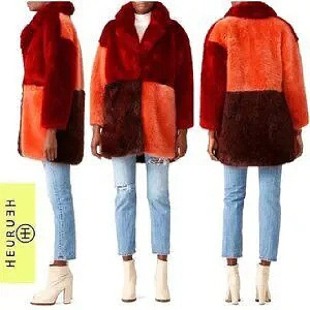 💥HOT ITEM💥Heurueh "I Mean Business" Luxurious Color Block Fur Coat In Red
